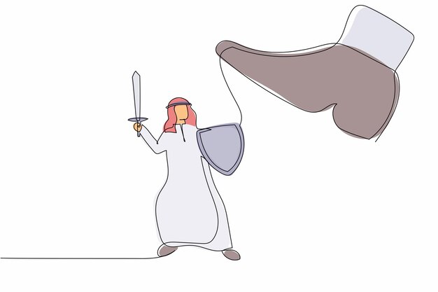 Vector una línea continua dibujando valiente hombre de negocios árabe lucha contra el pie gigante con escudo y espada