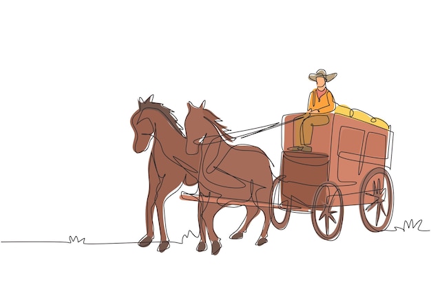 Vector una línea continua dibujando un viejo carruaje tirado por caballos del oeste salvaje con entrenador vintage western stagecoach con caballos vagones cubiertos del oeste salvaje en el desierto ilustración gráfica vectorial de diseño de línea única.