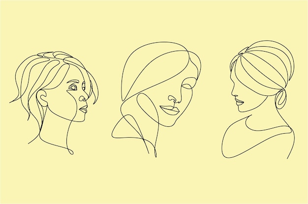 Línea continua, dibujo de cara y peinado, concepto de moda, belleza de mujer, vector