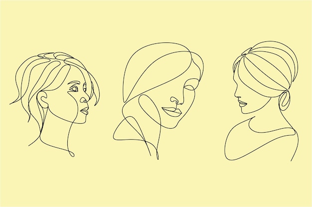 Línea continua, dibujo de cara y peinado, concepto de moda, belleza de mujer, vector