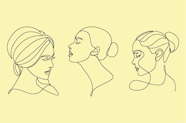 Línea continua, dibujo de cara y peinado, concepto de moda, belleza de mujer, vector