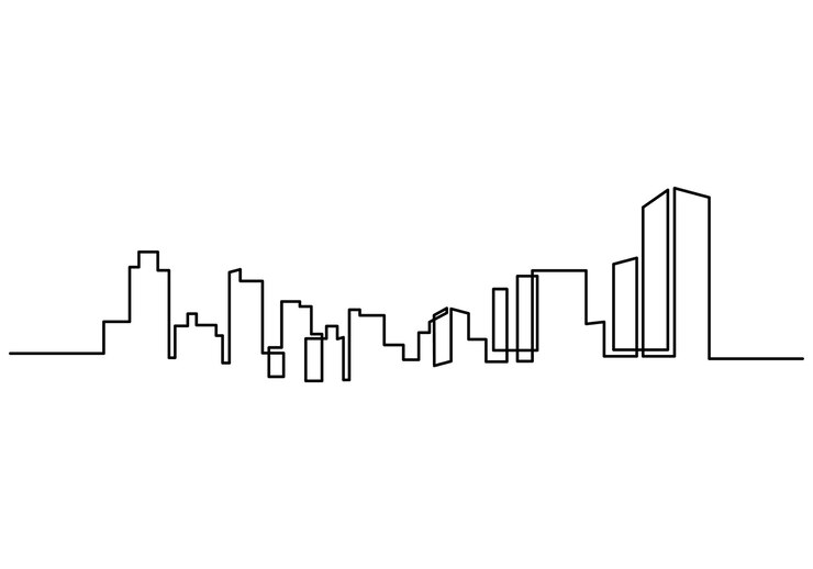 Una línea continua de dibujo de edificios de hotel torres horizonte Punto de referencia en una sola línea aislada sobre fondo blanco