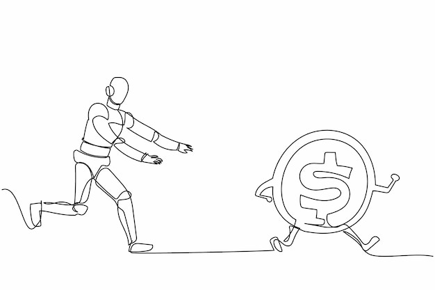 Una línea continua de dibujo robot perseguir moneda de dólar mucho dinero en la industria robótica inversión