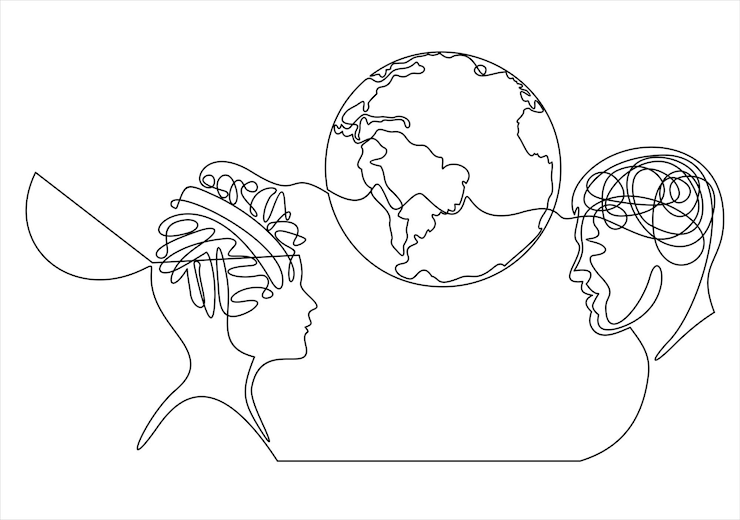 Vector línea continua dos perfiles humanosplaneta tierra en medio ilustración vectorial