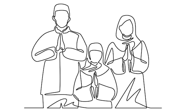 Línea continua de familia celebra Eid alAdha Eid Mubarak juntos ilustración