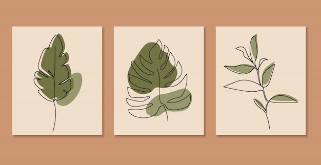 Una línea continua de hojas, arte de dibujo de una sola línea, hojas tropicales, conjunto de plantas botánicas