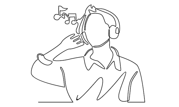 Línea continua de hombre con auriculares escuchando música ilustración