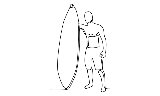 línea continua de hombre con ilustración de tabla de surf