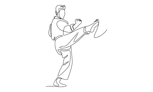 Vector línea continua de hombre en kimono practicando combate de karate