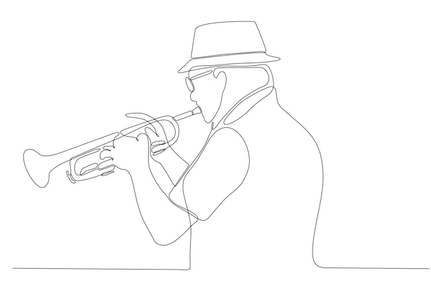 Línea continua de hombre que sopla instrumento de trompeta de jazz Vector premium de estilo de música de estilo simple