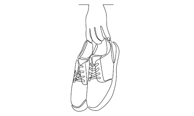 línea continua de mano sujetando zapatos