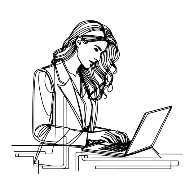 Línea continua de mujer de negocios con computadora portátil fondo blanco negro y blanco