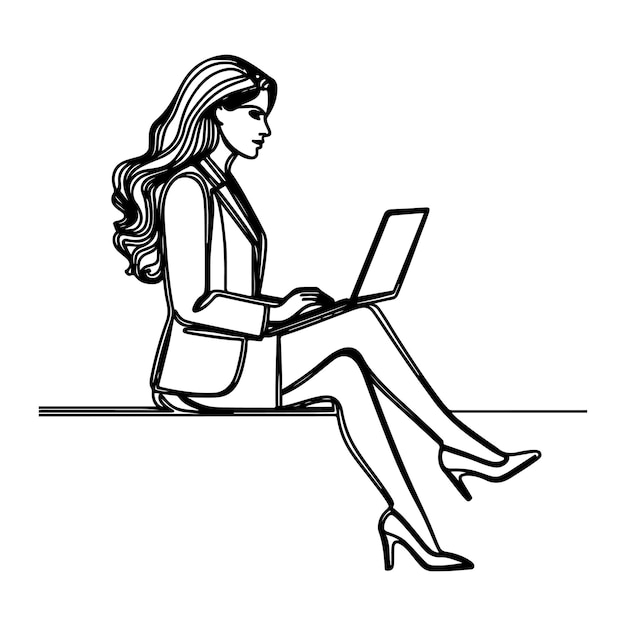 Línea continua de mujer de negocios con computadora portátil fondo blanco negro y blanco