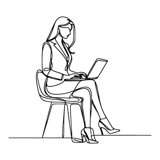 Línea continua de mujer de negocios con computadora portátil fondo blanco negro y blanco