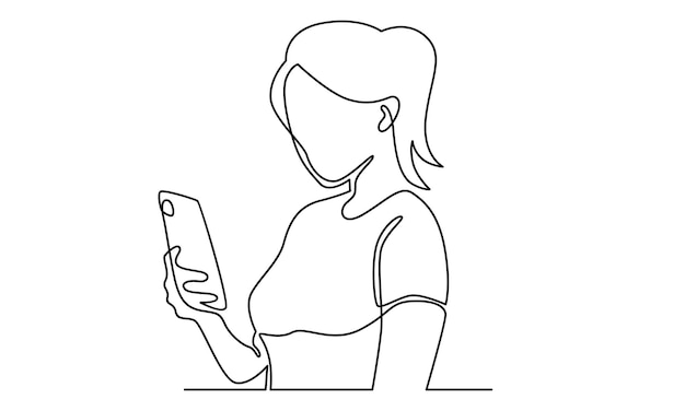 Línea continua de mujer sosteniendo teléfono ilustración