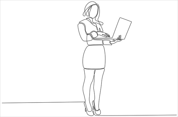 línea continua de mujeres de pie y sosteniendo una computadora portátil aislada sobre un vector de fondo blanco premium