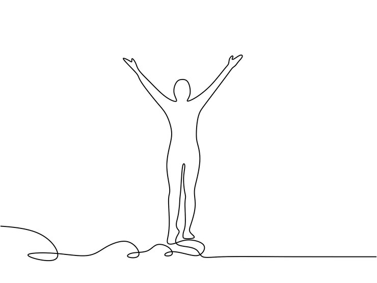 Línea continua de persona feliz levantando la mano Línea única de personas respirando profundamente Una línea de hombre haciendo yoga aislado sobre fondo blanco
