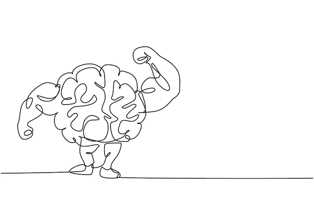 Una línea continua que dibuja un cerebro humano fuerte y musculoso muestra un icono muscular logotipo del centro de fitness