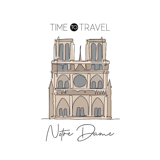 Una línea continua que dibuja la decoración de la pared del hogar, un hito de Notre Dame, un lugar icónico mundial en París, Francia
