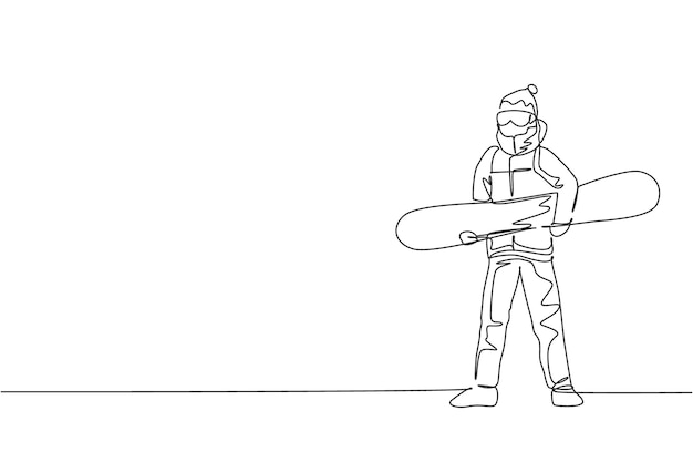 Una línea continua que dibuja a un deportista snowboarder sosteniendo una tabla de snowboard en la montaña nevada de los Alpes