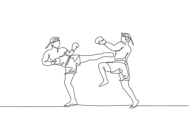 Una línea continua que dibuja a dos jóvenes boxeadores muay thai deportivos pateando duro compañero de pelea de sparring
