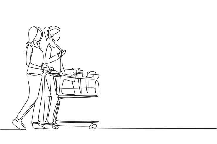 Vector una línea continua que dibuja a dos mujeres comprando y empujando el carrito juntas en el vector del supermercado
