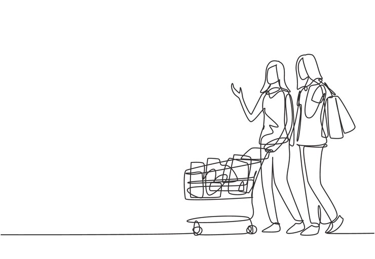 Vector una línea continua que dibuja a dos mujeres empujando el carrito y sosteniendo bolsas de papel cuando hacen compras.