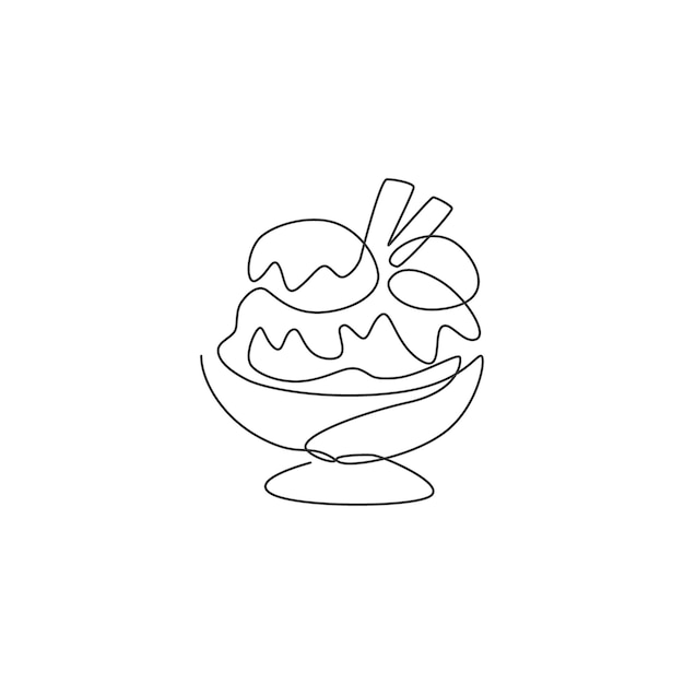 Una línea continua que dibuja el emblema del logotipo del restaurante de helados deliciosos y frescos postre dulce