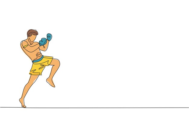 Una línea continua que dibuja a un joven boxeador deportivo de muay thai preparándose para luchar contra una patada en la caja