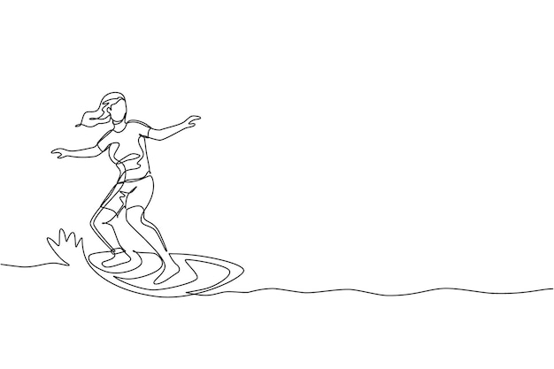 Una línea continua que dibuja a un joven turista surfista ejerciendo surf en un océano ondulado, deportes acuáticos extremos