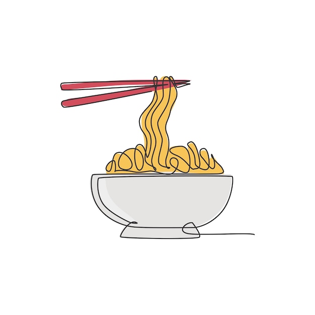 Una línea continua que dibuja el logotipo del restaurante de ramen japonés fresco y delicioso Comida rápida Fideos japoneses