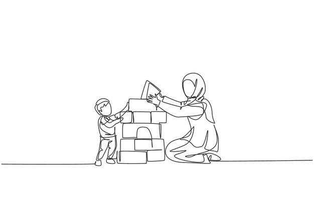 Una línea continua que dibuja a una madre árabe jugando a un rompecabezas de espuma con un vector islámico de su hijo.
