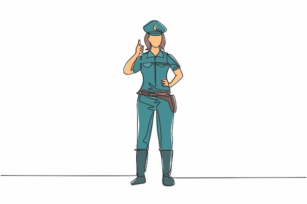Una línea continua que dibuja a la mujer policía de pie con un gesto de pulgar hacia arriba y con uniforme completo