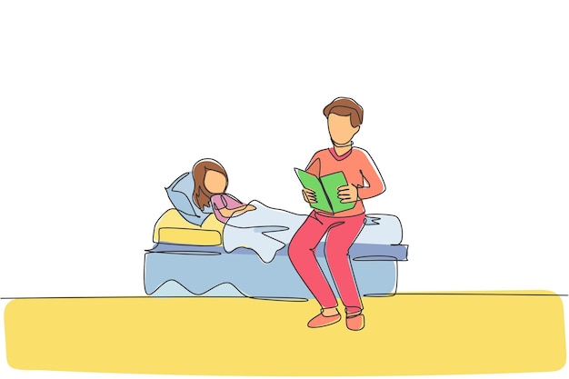 Una línea continua que dibuja a un padre joven sentado y leyendo un libro de cuentos a su hija antes de dormir