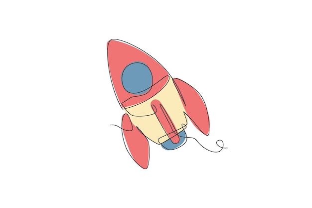 Una línea continua que dibuja una simple nave espacial retro volando al vector del cohete nebulosa del espacio exterior