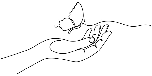 Una línea continua una sola línea mínima dibujando mariposa Una línea continua dibujando una mano posada