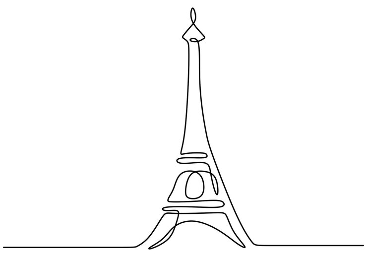 Línea continua de la torre Eifel en París Una sola línea de la torre Eifel en París aislada sobre fondo blanco