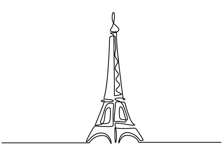 Línea continua de la torre Eifel en París Una sola línea de la torre Eifel en París aislada sobre fondo blanco