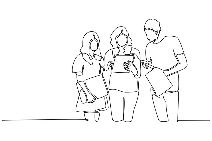 Vector línea continua tres estudiantes se encuentran con el libro ilustración vectorial