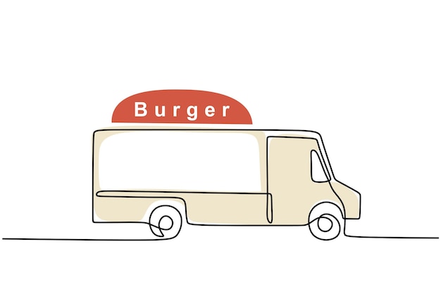 Línea continua única de camión de comida de hamburguesas Camión de hamburguesas en un estilo de línea aislado sobre fondo blanco