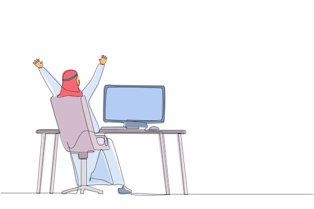 Línea continua única dibujando vista trasera hombre árabe feliz tarea completada y vector de diseño triunfante