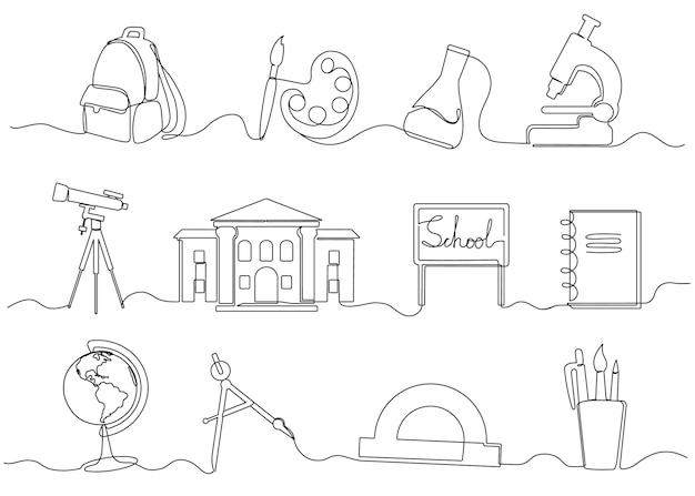 Una línea continua útiles escolares mochila minimalista dibujada a mano edificio escolar y globo educación vector conjunto de ilustración