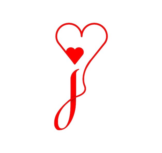 Línea del corazón del guión de la letra J. desde el corazón. Plantilla de logotipo de escritura a mano de letra J con amor y corazón