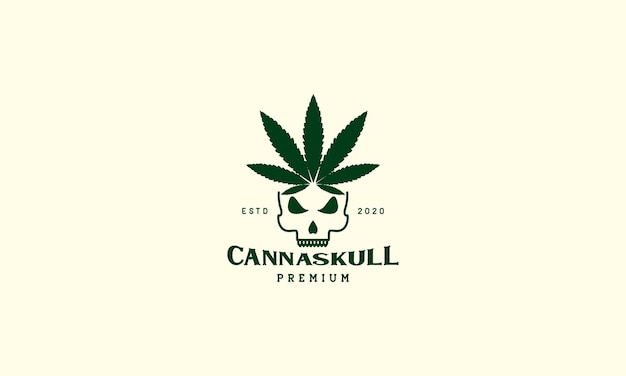 Vector línea de cráneo de cabeza con ilustración de diseño de icono de vector de logotipo de hoja de cannabis