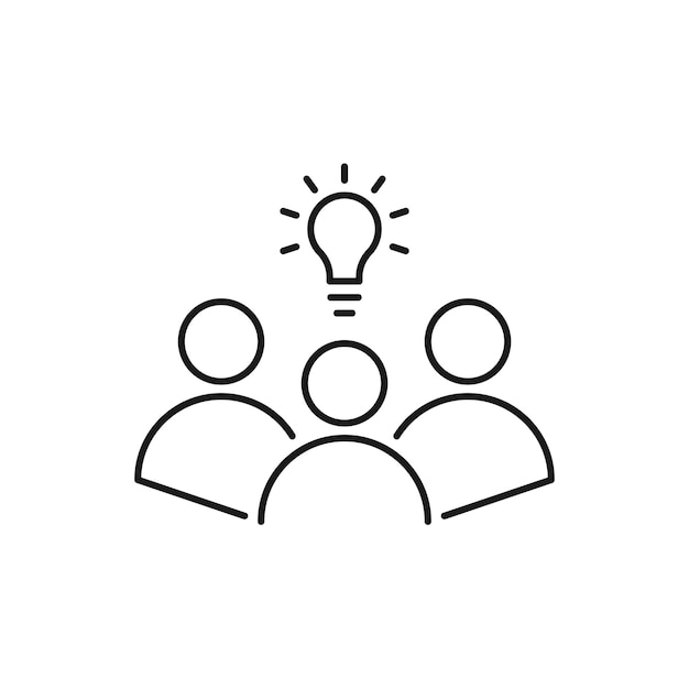 línea delgada icono de visión con grupo de personas y bulbo negro contorno plana tendencia logotipo moderno diseño de arte de trazo gráfico aislado en blanco concepto de eruditos o científicos y estudiantes o genio