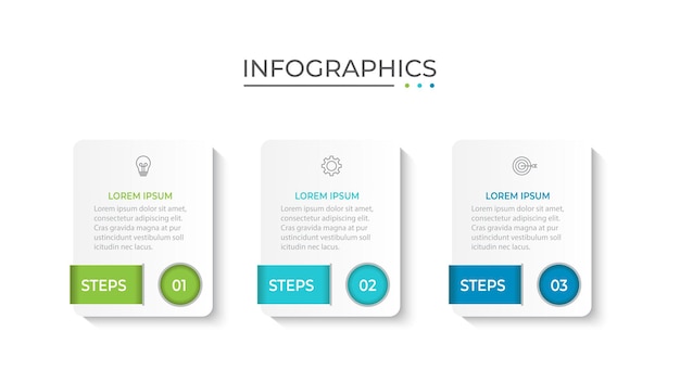 Línea delgada de infografía empresarial de proceso con diseño de plantilla cuadrada con iconos y 3 opciones o pasos