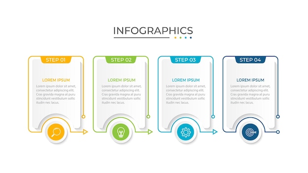 Línea delgada de infografía empresarial de proceso con diseño de plantilla cuadrada con iconos y 4 opciones o pasos