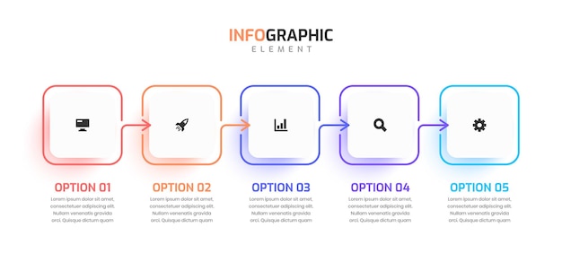 Línea delgada de plantilla de infografía comercial mínima con icono de etiqueta cuadrada de flecha y 4 opciones