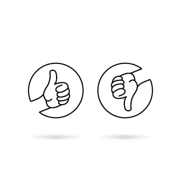 Línea delgada y redonda negra pulgares hacia arriba y hacia abajo concepto de gesto del brazo de encuesta como vivir o morir y personas correctas o incorrectas capacidad de respuesta lineal moderno logotipo de interfaz de usuario diseño gráfico aislado en blanco