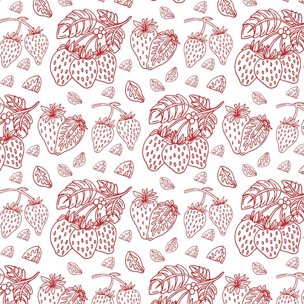 Línea dibujada doodle fresas fondo blanco. Lindo patrón de verano sin inconvenientes.